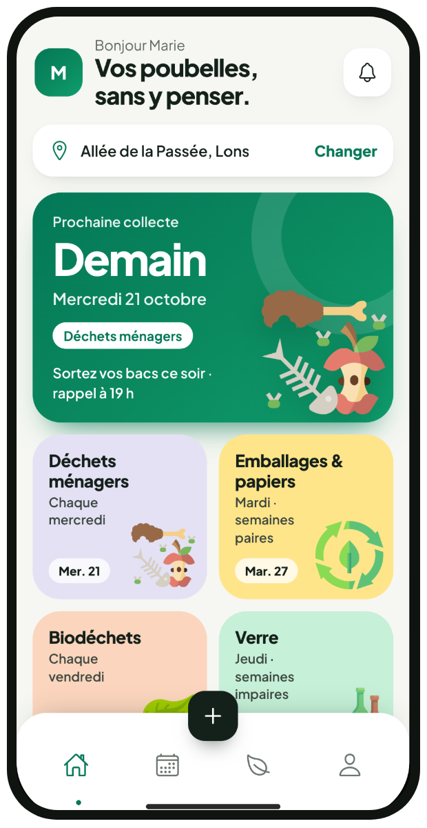 Écran d’accueil de l’application : prochaine collecte demain, déchets ménagers